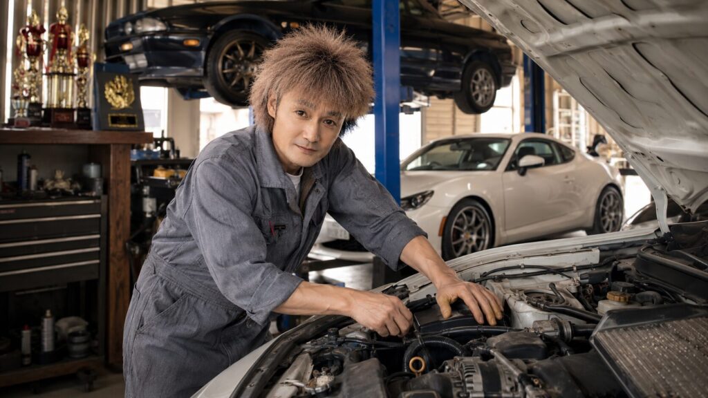 カーサービスオカダの整備士が工場内でエンジンルームを確認している、約40年の整備経験と技術力を伝える画像