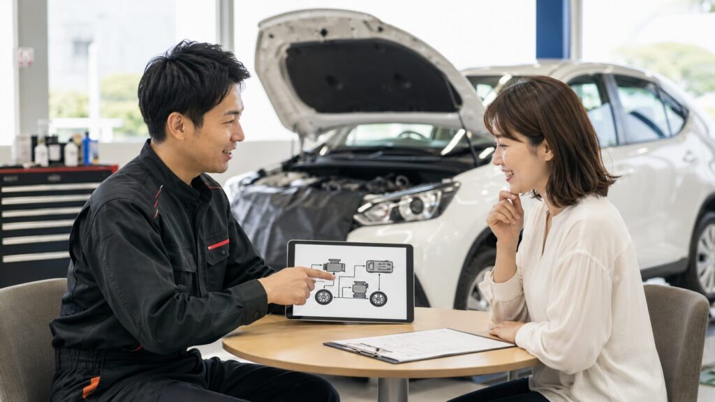 カーサービスオカダの整備士がタブレットの図を使い、車に詳しくないお客様へ修理内容を分かりやすく説明している画像