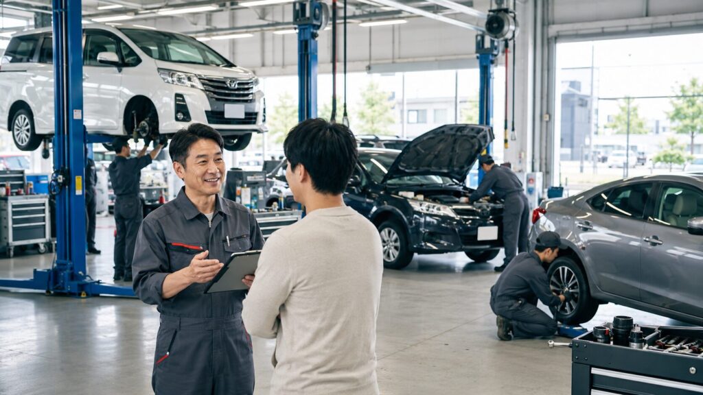 カーサービスオカダの整備工場内で複数の車両を点検・整備している、車検・修理・整備をまとめて相談できる画像