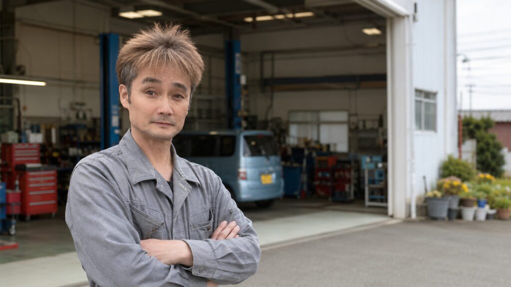カーサービスオカダ代表の岡田拓栄が整備工場前で立つ、太田市の車検・修理・整備工場の代表挨拶用画像
