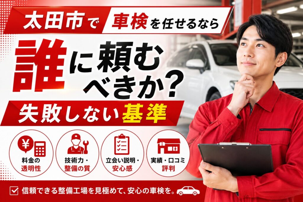太田市で車検を任せる整備工場を探す方向けに、料金・技術力・説明・実績の基準を示した画像