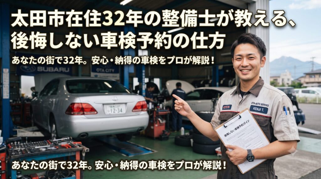 太田市の車検予約の仕方について解説する整備士とガレージの様子を写したアイキャッチ画像