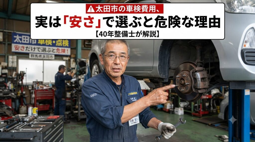 太田市の車検費用について解説する整備士がブレーキ部分を点検している様子