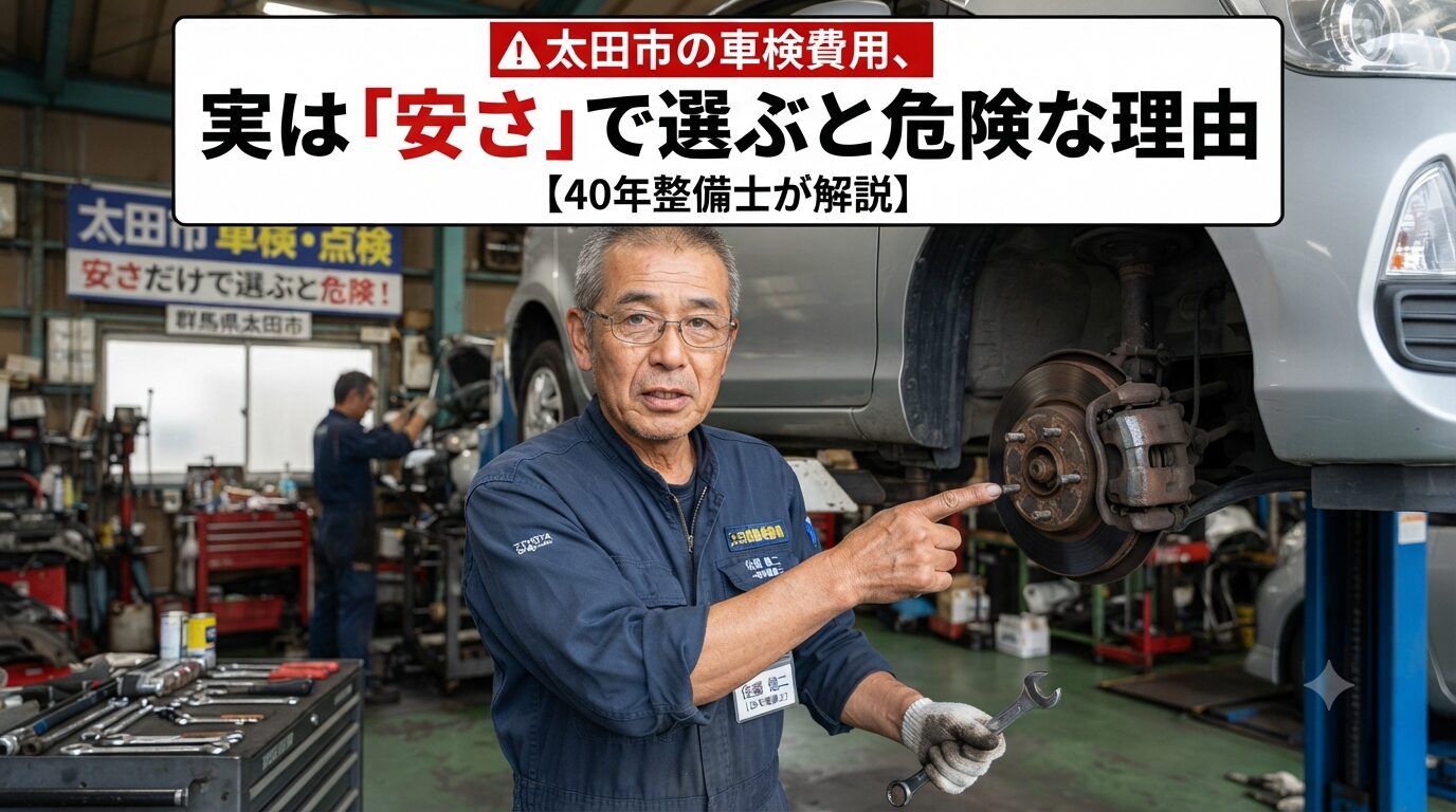 太田市の車検費用について解説する整備士がブレーキ部分を点検している様子