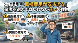 太田市で車検費用が安すぎる業者を選んではいけない3つの理由を示すイラスト（追加費用・手抜き整備・突然の故障）