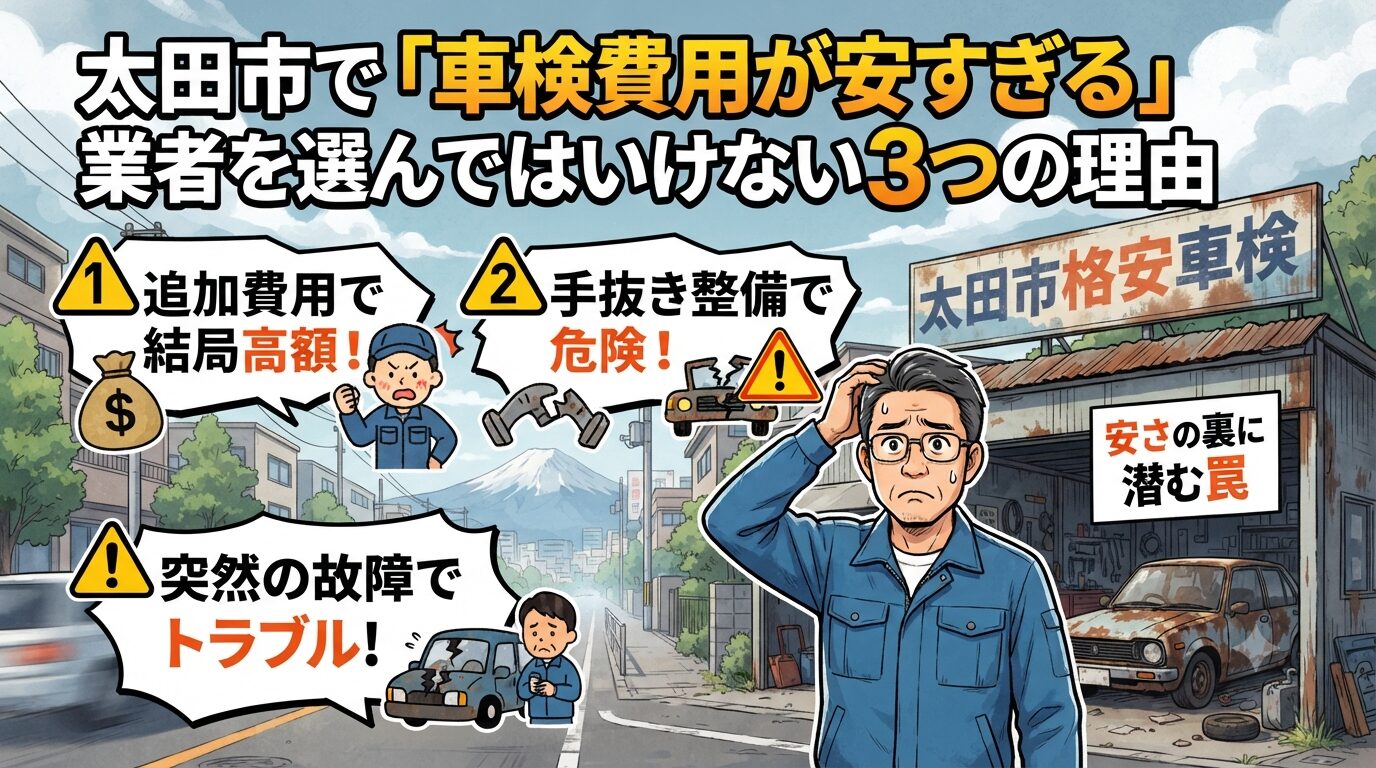 太田市で車検費用が安すぎる業者を選んではいけない3つの理由を示すイラスト（追加費用・手抜き整備・突然の故障）