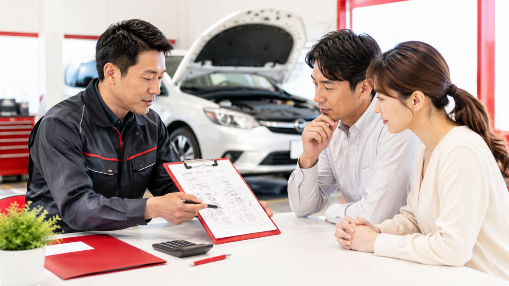 太田市で車検の見積を検討する夫婦に、整備士が点検内容や費用を分かりやすく説明している整備工場の様子