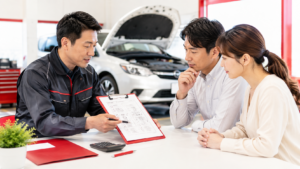 太田市で車検の見積を検討する夫婦に、整備士が点検内容や費用を分かりやすく説明している整備工場の様子