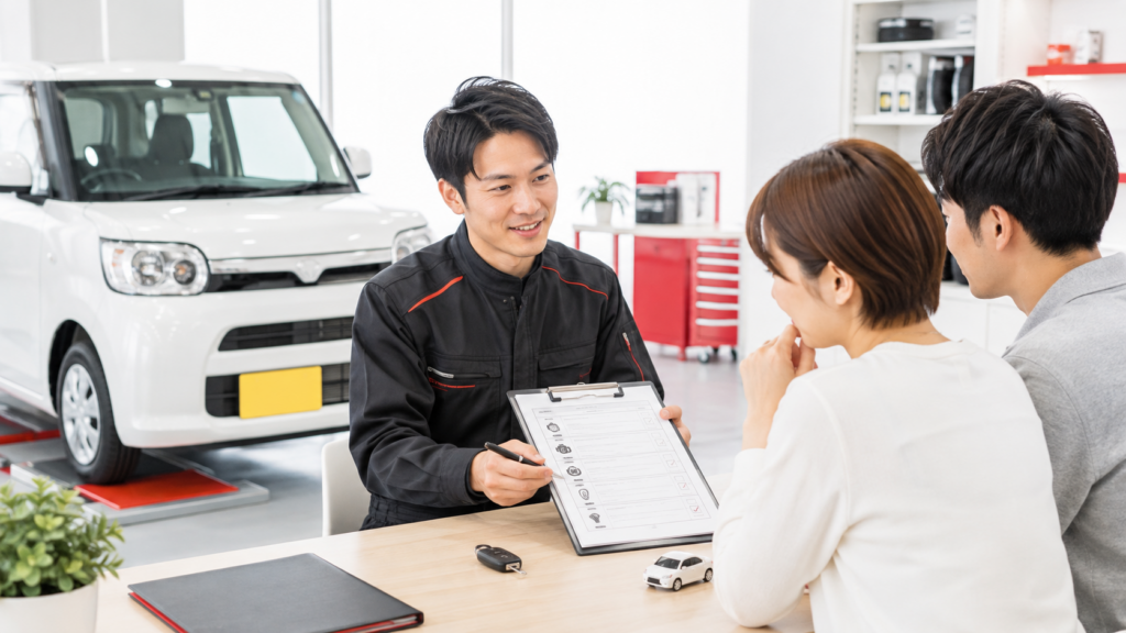 太田市で軽自動車の車検を検討する夫婦に、整備士が点検内容や必要な整備について説明している整備工場の様子