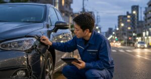 太田市で事故修理を依頼する際、車の損傷を確認して見積もりを作成する整備士