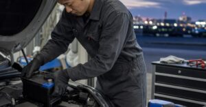 太田市でバッテリー交換をする整備士と自動車のバッテリー