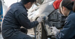 太田市で板金塗装を行い、傷やへこみを修理している自動車のボディ