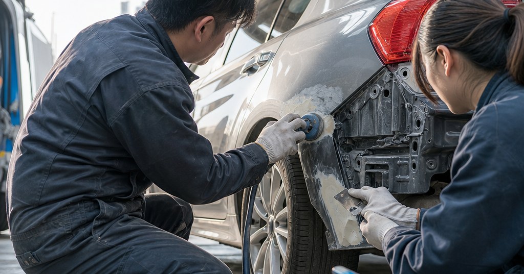 太田市で板金塗装を行い、傷やへこみを修理している自動車のボディ