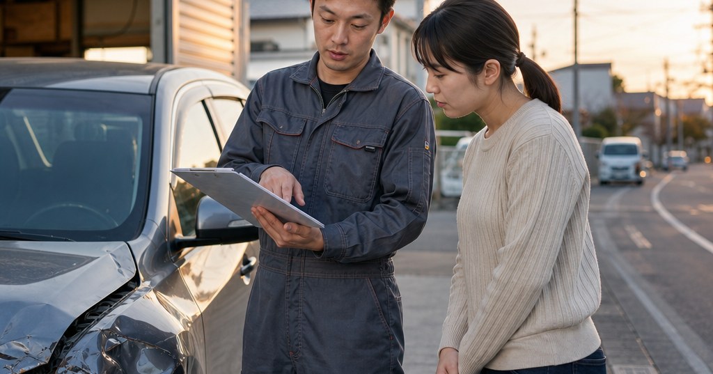 太田市の鈑金修理で見積書を確認する整備スタッフと損傷した車