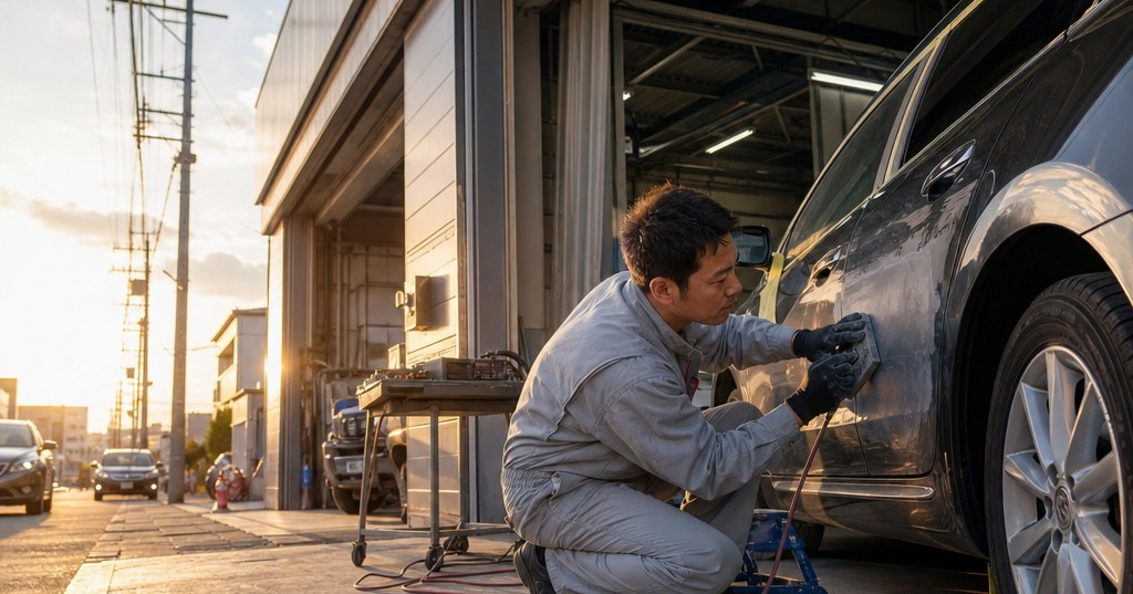 太田市の鈑金塗装で車の傷やへこみを修理している様子
