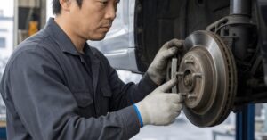 太田市でブレーキ修理を依頼する前に、整備士が自動車のブレーキ周辺を点検している様子