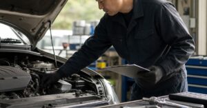 太田市で車の点検を受ける整備士が、自動車のエンジンルームを確認している様子