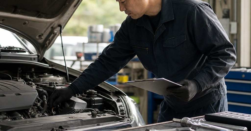 太田市で車の点検を受ける整備士が、自動車のエンジンルームを確認している様子