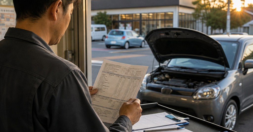 太田市で車修理を依頼する前に、整備士が修理費用の内訳と見積もりを確認している様子
