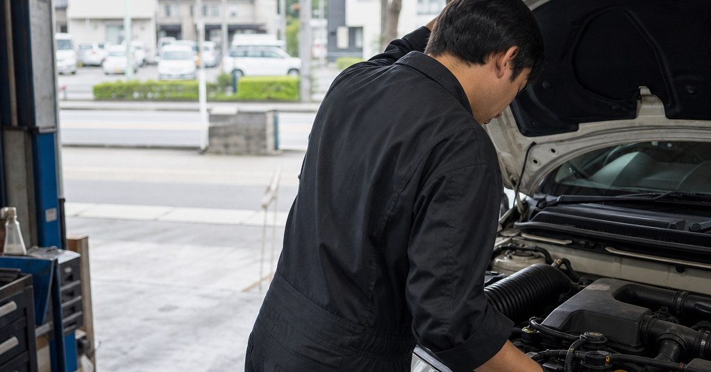 太田市の整備工場で整備士が車を点検している様子