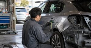 太田市で車のヘコミ修理を行う整備士と、板金修理・部品交換の違いを示す自動車の損傷部分