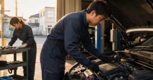 太田市でエンジン修理を依頼する前に、整備士が車のエンジンを点検している様子