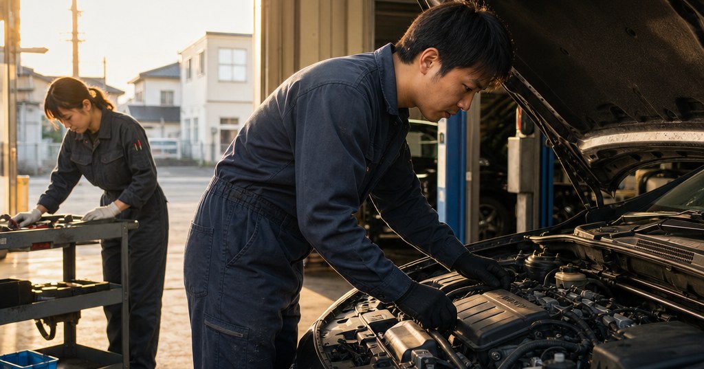 太田市でエンジン修理を依頼する前に、整備士が車のエンジンを点検している様子