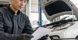 太田市でハイブリッド車の車検費用の内訳を確認する整備士と車両