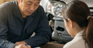 太田市で保険を使って車を修理する際の費用負担と手続きの流れをイメージした自動車修理の相談風景