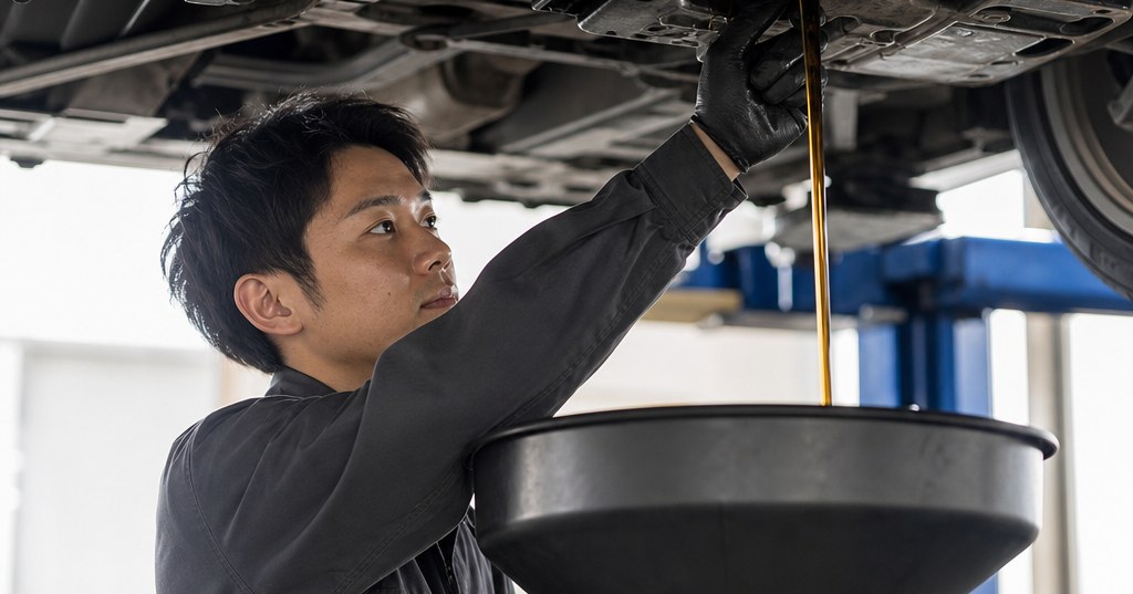 太田市でオイル交換をする自動車整備士とエンジンオイルの料金や交換時期をイメージした画像