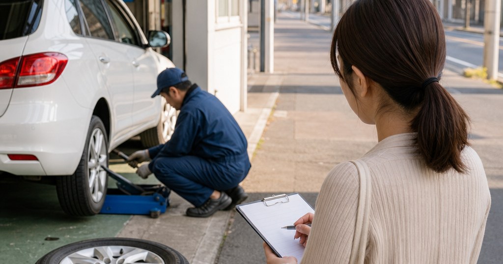 太田市でタイヤ交換をする車と、交換費用を確認するイメージ