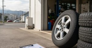 太田市でタイヤ交換にかかる費用の内訳を示す、自動車のタイヤと見積書、工具のイメージ