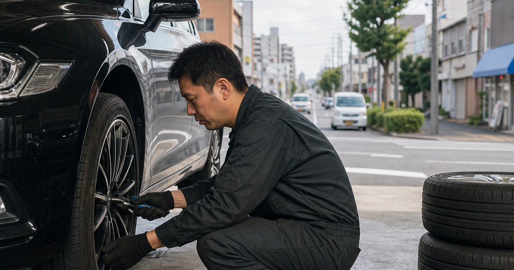 太田市でタイヤローテーションを行う整備士と車のタイヤ