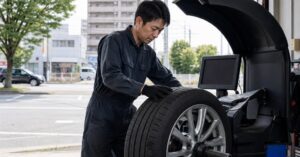 太田市でホイールバランスを調整するため、整備士がタイヤのホイールを確認している様子